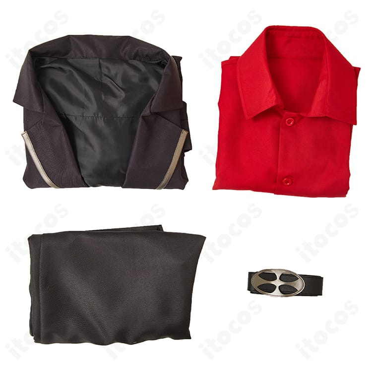 LAZARUS アクセル コスプレ衣装のセット内容展示。コート・シャツ・ズボン・ベルトの4点を並べた画像