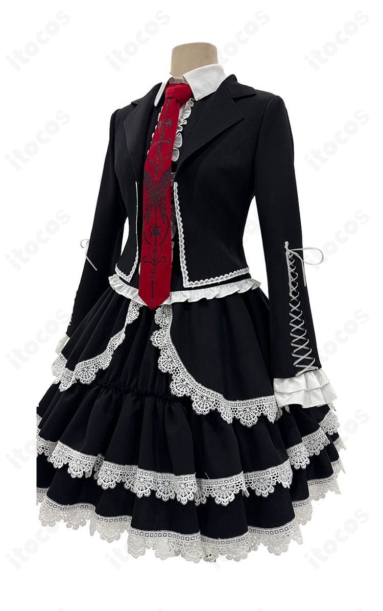 セレスティア・ルーデンベルク ゴスロリ衣装の左側ディテール。ネクタイや髪飾りの配置と縫製が確認できる