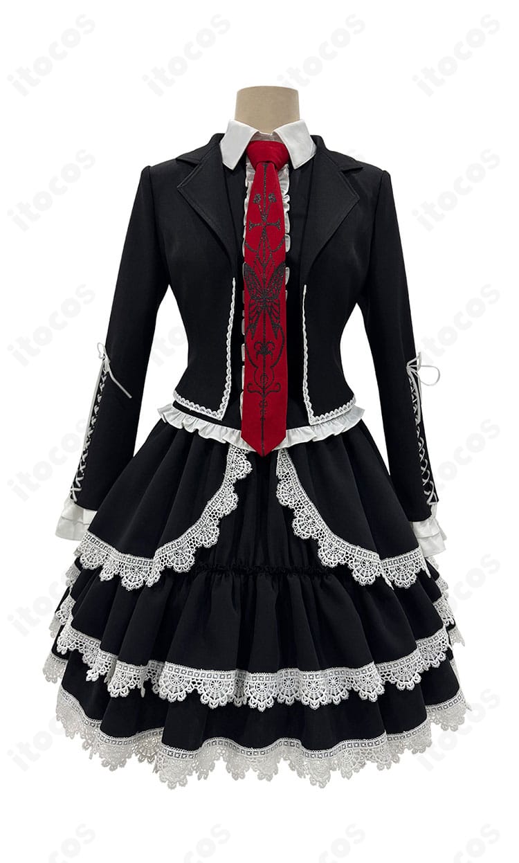 セレスティア・ルーデンベルク ゴスロリ衣装の正面全身図。コートとフレアスカートの美しいラインが分かる高再現デザイン