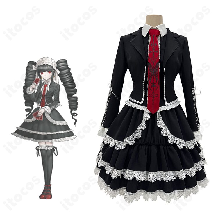 セレスティア・ルーデンベルクのゴスロリ衣装一式とキャラクターイメージの合成ビジュアル。黒×白の高再現コーデが際立つ（ダンガンロンパ）