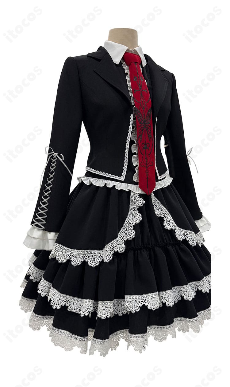 セレスティア・ルーデンベルク ゴスロリ衣装の右側面。袖口とスカートの装飾、質感が分かるディテールショット