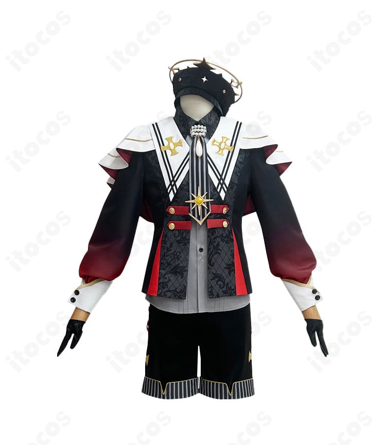 あんさんぶるスターズ！！ 朱桜司・真白友也・仙石忍「堕天使の晩餐会」コスプレ衣装 正面全体。コートとインナー、ネクタイ、半ズボンのシルエットを確認できる画像