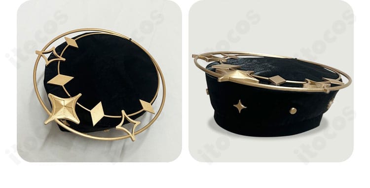 あんさんぶるスターズ！！ 朱桜司・真白友也・仙石忍 コスプレ衣装 帽子の装飾ディテール。クラウンとブリムの形状、装飾パーツの配置を明瞭に示す