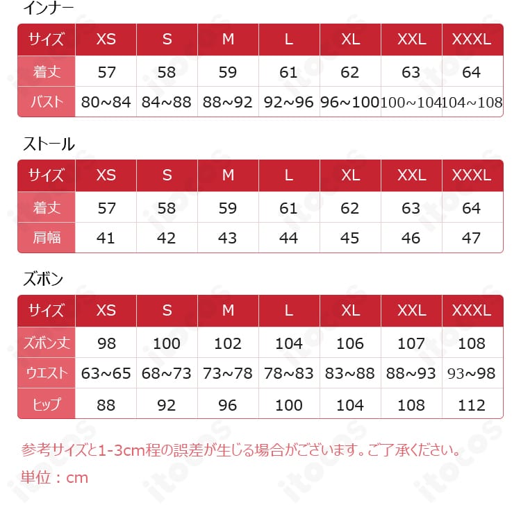 アナイクス コスプレ衣装のサイズ表。XS〜XXXLの寸法ガイドを確認できる画像。