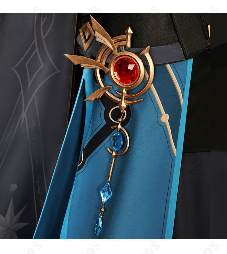 アナイクス コスプレ衣装の腰飾りクローズアップ。金具とベルトの質感、配色のコントラストが分かる詳細。