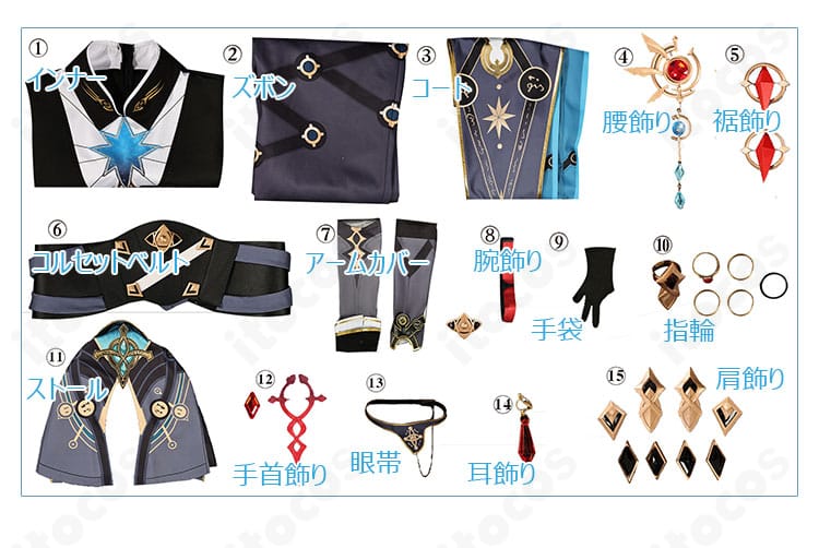 アナイクス コスプレ衣装のセット内容一覧。コート、インナー、ズボン、各種アクセサリーを並べた構成写真。