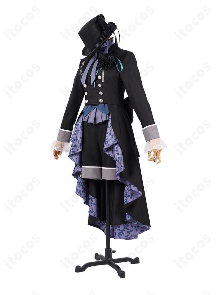 シエル・ファントムハイヴ 27巻衣装 側面シルエット。コートと半ズボンのラインが美しく流れる横姿の写真。