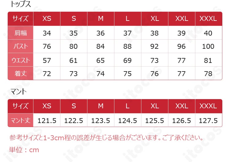 セイバー衣装のサイズ対応表。S〜XXLの寸法情報で適切なサイズ選びをサポート