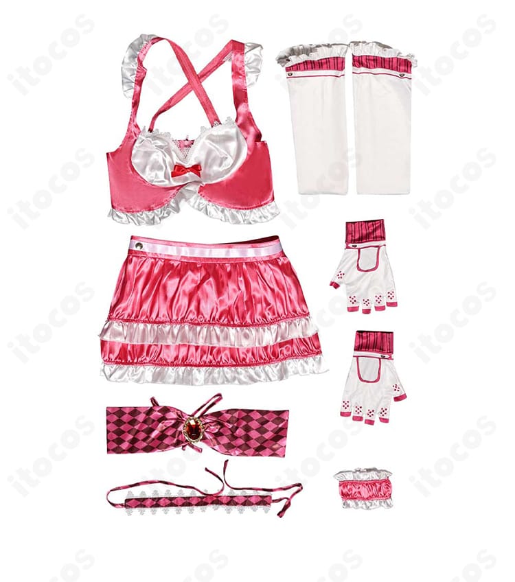 セット内容一覧：スカート、トップス、靴下、手袋、リストバンド、蝶結び、スカーフを並べた構成写真。