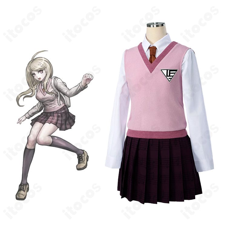 赤松楓の通常制服コスプレ一式。ダンガンロンパV3の配色と髪飾りまで忠実に再現したトータルコーデの全体確認画像。