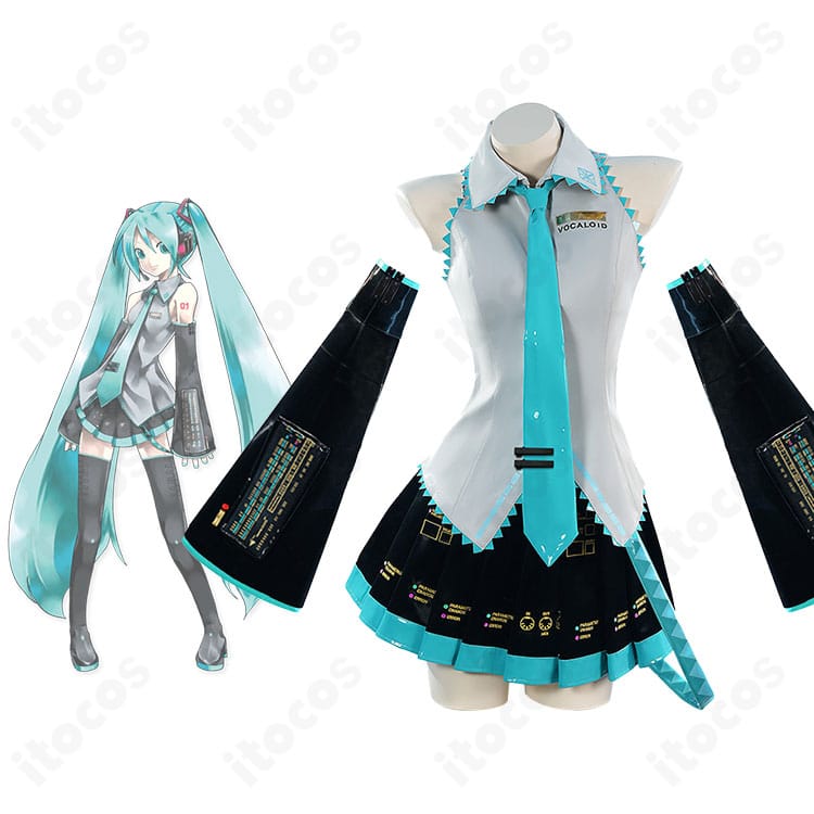 初音ミク V2版の世界観を表現したコスプレ衣装一式のイメージ。VOCALOIDらしい近未来デザインが伝わる構図
