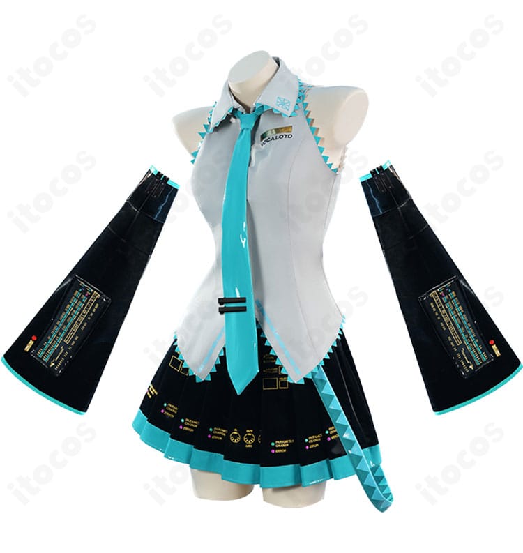初音ミク V2版コスプレ衣装の左側面。装飾の配置とラインの美しさを示すディテールショット