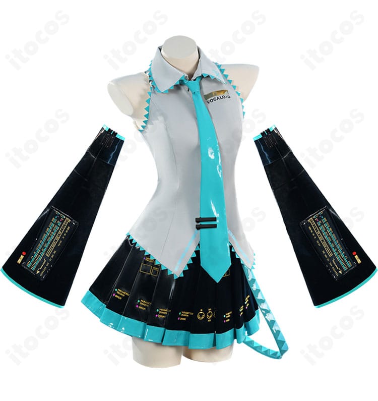 初音ミク V2版コスプレ衣装の右側面。スカートの広がりと袖パーツのシルエットを確認できる写真