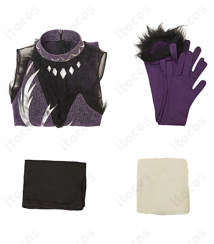 セット内容一覧。ワンピース、ショートレギンス、手袋、タイツが揃った狼嵜光コスプレ衣装