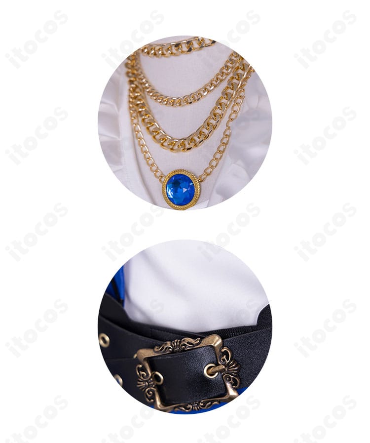 ネックアクセサリーと腰回りの装飾クローズアップ。チェーンとベルトの質感がリアル。