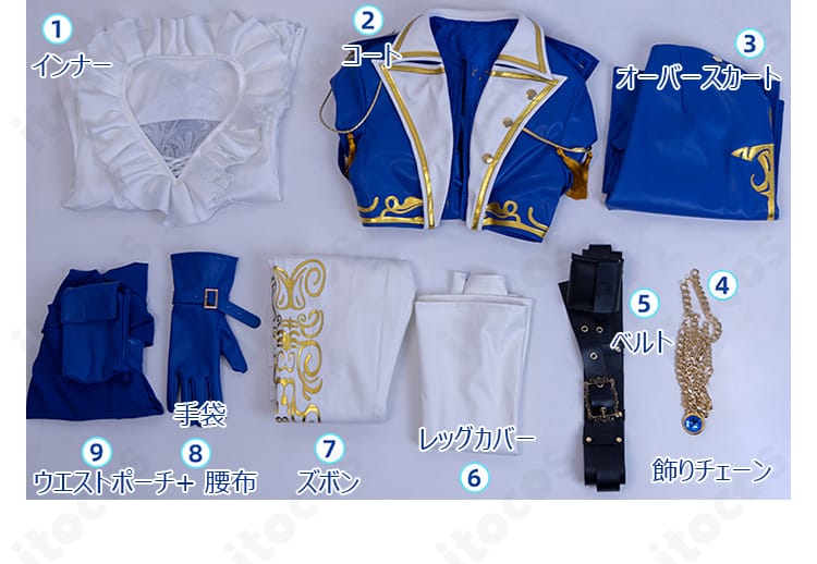 コート、インナー、腰布、チェーン、ベルト、レッグカバー、ズボン、手袋、ウエストポーチのセット一覧。