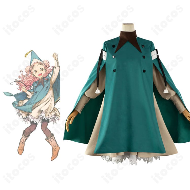 ココ・テティア・リチェの見習い魔法使い衣装一式とキャラクター組み合わせ図。とんがり帽子とローブ風シルエットを忠実に再現。