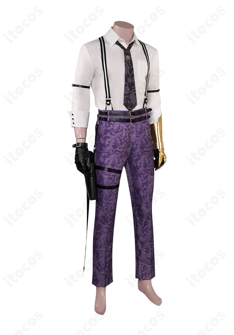 ヴィンセント・ヴァレンタイン衣装の右側面。フィット感のあるシルエットとレッグポーチの配置がわかる角度。