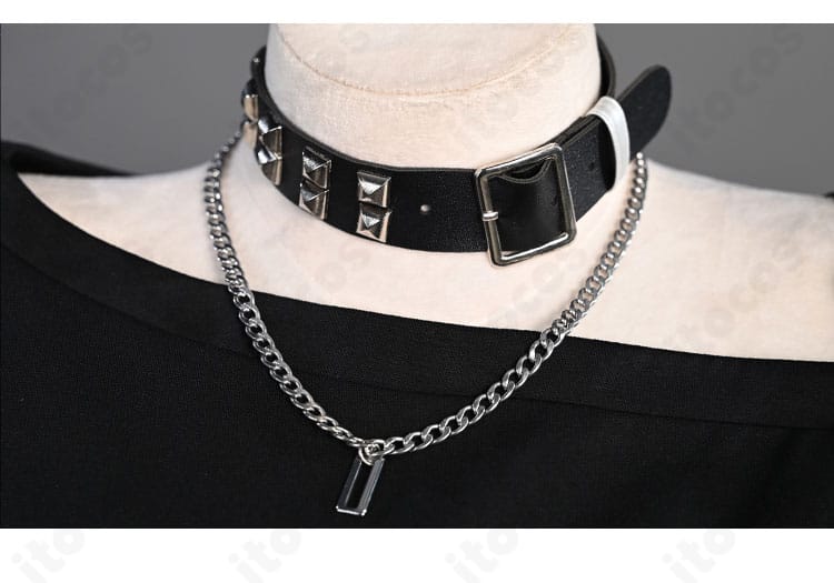 白石杏コスプレ衣装のチョーカー周り。首元の装飾と質感の近接ディテール