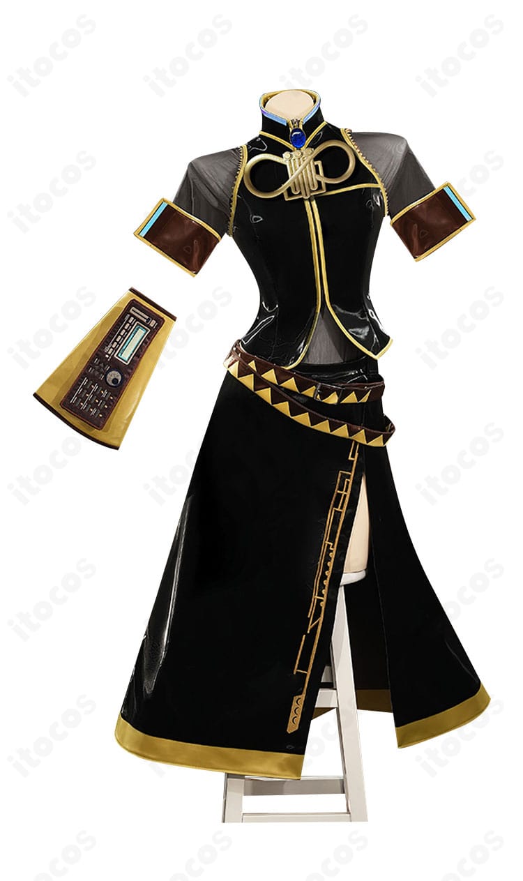 巡音ルカ コスプレ衣装の正面全身。刺繍風の装飾と配色がわかるディテール重視ショット。