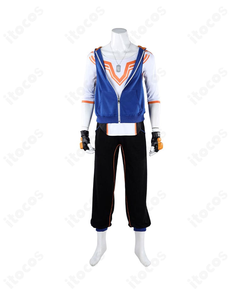 ストリートファイター6 ルーク コスプレ衣装の正面全身。コートとトップスの重ね着感、ネックレスがポイント。