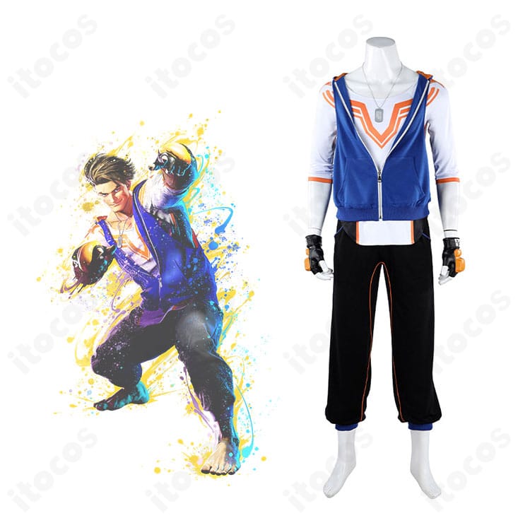 『ストリートファイター6』ルーク・サリヴァンのコスプレ衣装とキャラクターの比較イメージ。全体の雰囲気と配色を高再現。