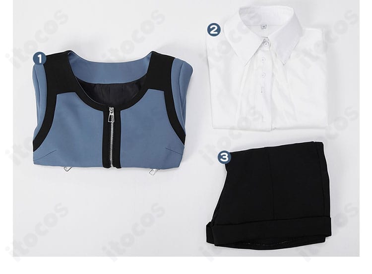 セット内容の並び画像。コート・シャツ・ショートパンツの3点と各パーツの構成が一目でわかる。