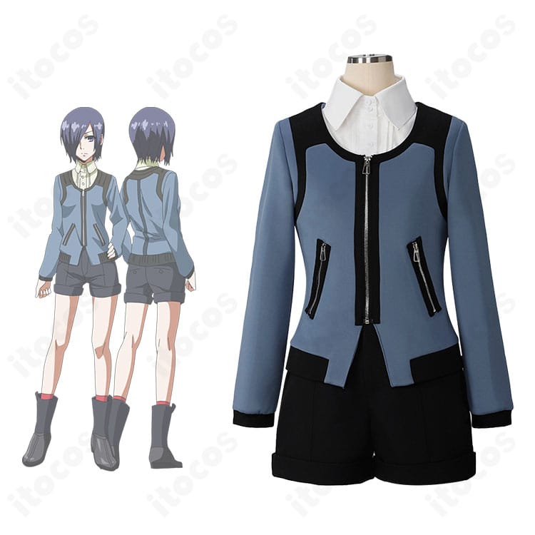 霧嶋董香のビジュアルと衣装を並置したイメージ。高再現のコート・シャツ・ショートパンツのセットがわかる構成。