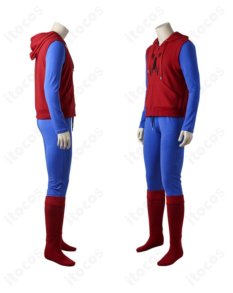 スパイダーマン コスプレ衣装の袖ディテール。配色切替と縫製ラインがわかる近接写真