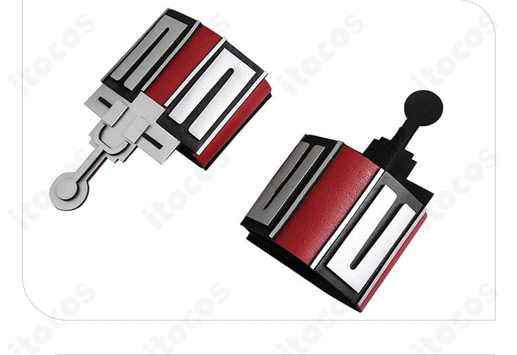 手首飾りの装飾近接。ホームメイド・ガジェット風デザインで臨場感を強化