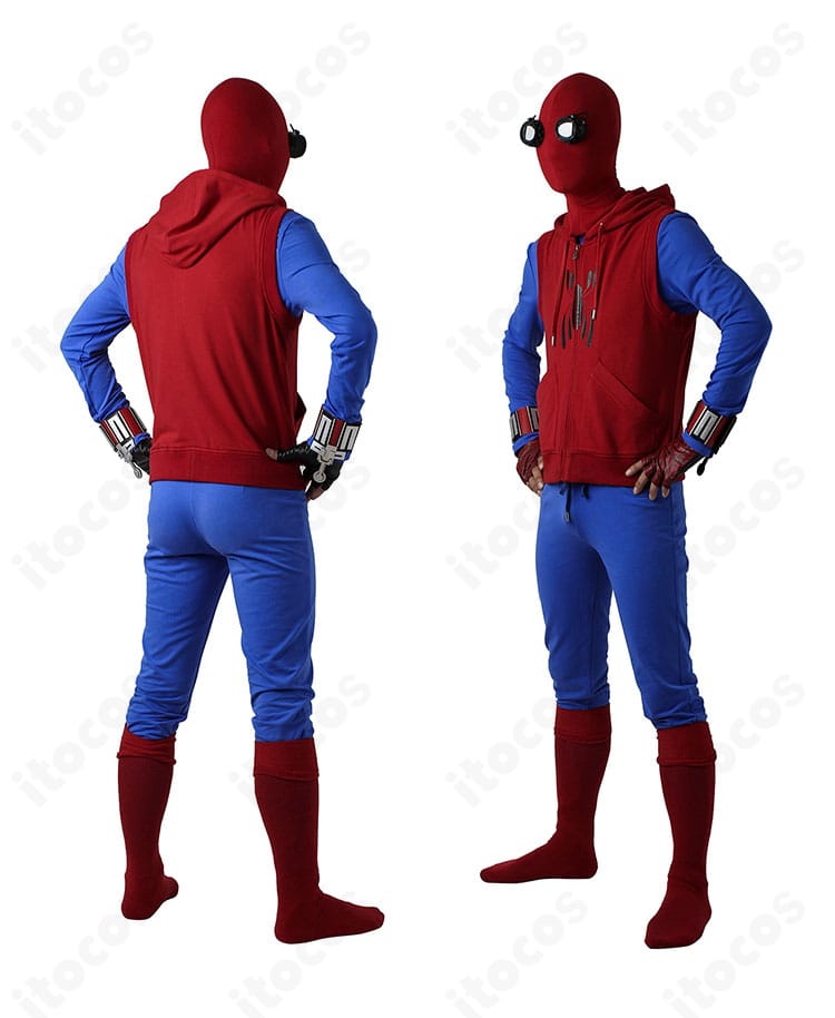 スパイダーマン 自作スーツのサイドビュー。フード付きコートとボトムのシルエットを確認