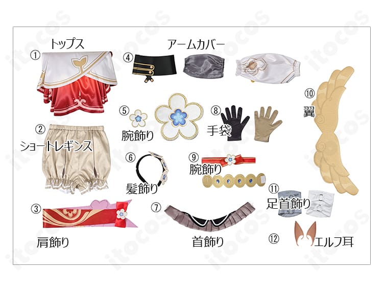 トリビー衣装のセット内容一覧。トップス、ショートレギンス、アームカバー、翼、エルフ耳ほか同梱品。