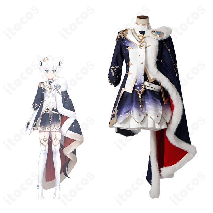 白上フブキのキング衣装コスプレ一式。ホロライブの王族風デザインを豪華刺繍と装飾で高再現した全身イメージ。