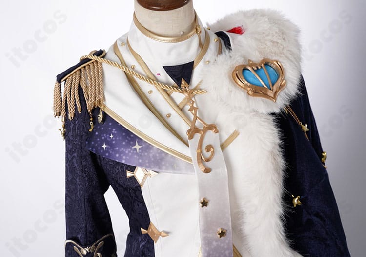 白上フブキ キング衣装の襟元装飾アップ。華やかな刺繍と立体的な装飾で王の雰囲気を演出。