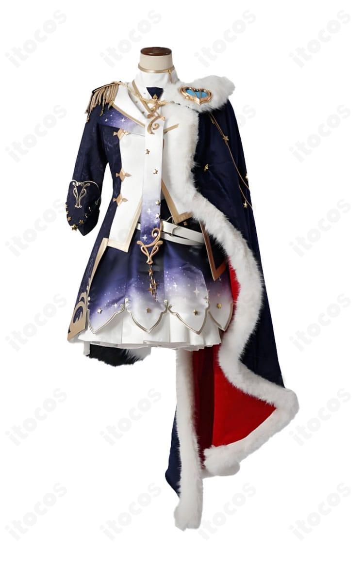 白上フブキ キング衣装コスプレの正面全景。襟元と胸元の刺繍、前合わせのディテールが分かる高忠実度ショット。