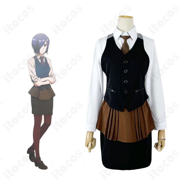 東京喰種トーキョーグール 霧嶋董香の制服コスプレ衣装とキャラクターイメージの比較。配色とシルエットの忠実再現が分かる画像