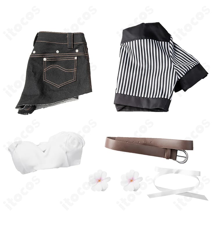ティファ・ロックハート コスプレ衣装のセット一式展示。コート、ショートパンツ、インナー、ベルト、髪飾りの内容。