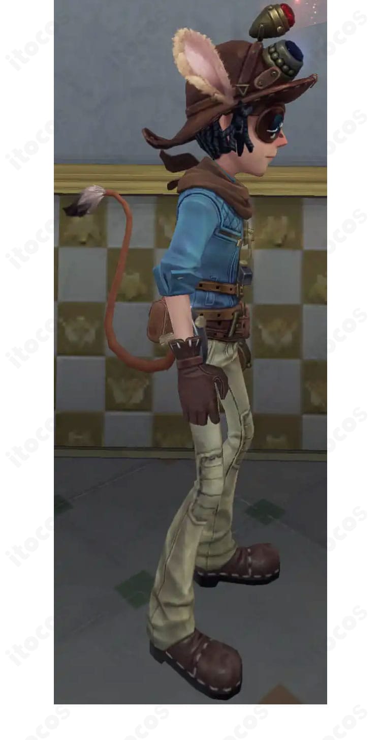 第五人格 ノートン・キャンベル 両面盗賊コスプレ衣装の側面。ベルトや金具ディテール、スチームパンク調の装飾配置がわかる角度で、立体感を強調。