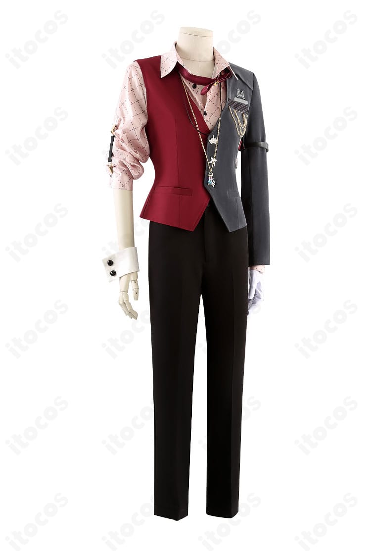 エイト コスプレ衣装の正面全体。ベストとシャツ、パンツの配色と装飾が分かるフロントビュー
