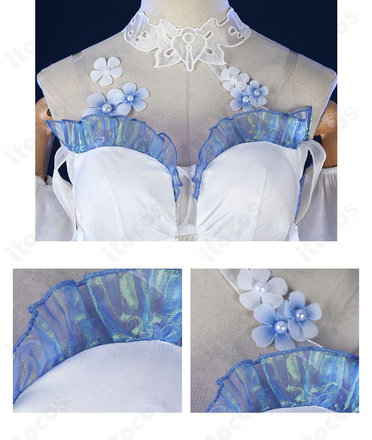 ネックラインとショルダーのフラワー装飾ディテール。華やかなポイントをクローズアップ。