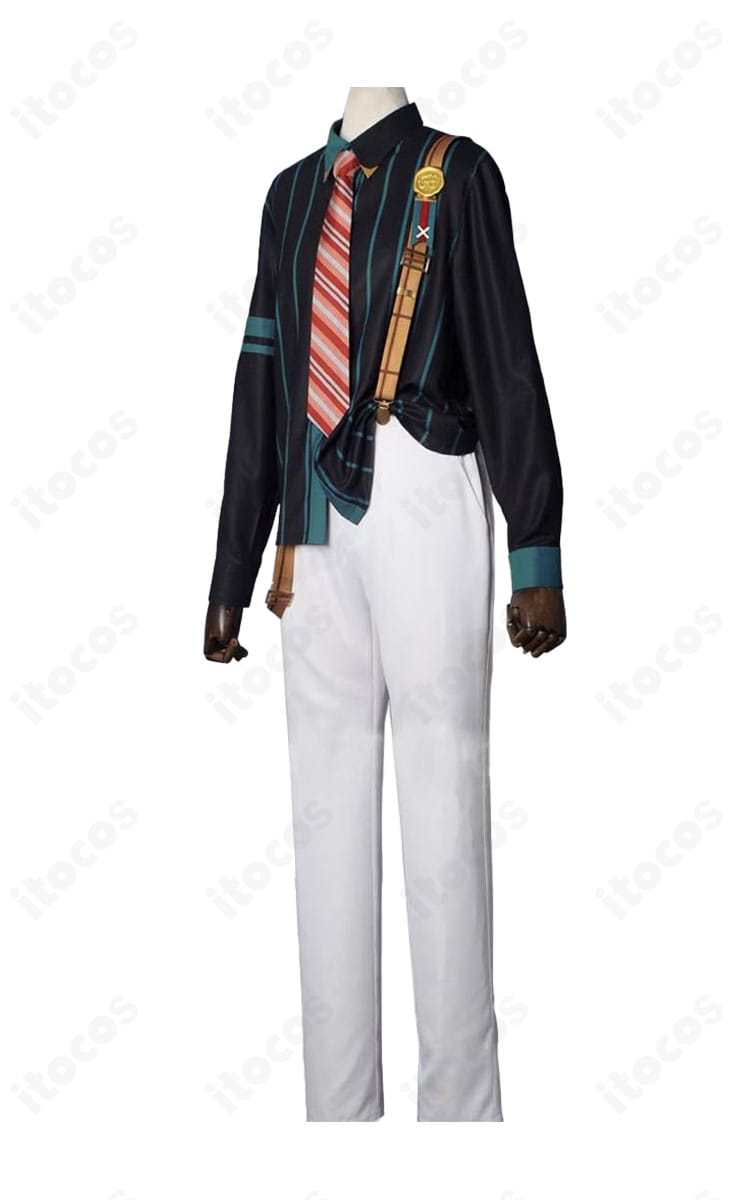 敬人塾コスプレ衣装の左側面。肩と袖の刺繍ライン、伏見弓弦モデルのシルエットを確認できるディテール重視の画像。