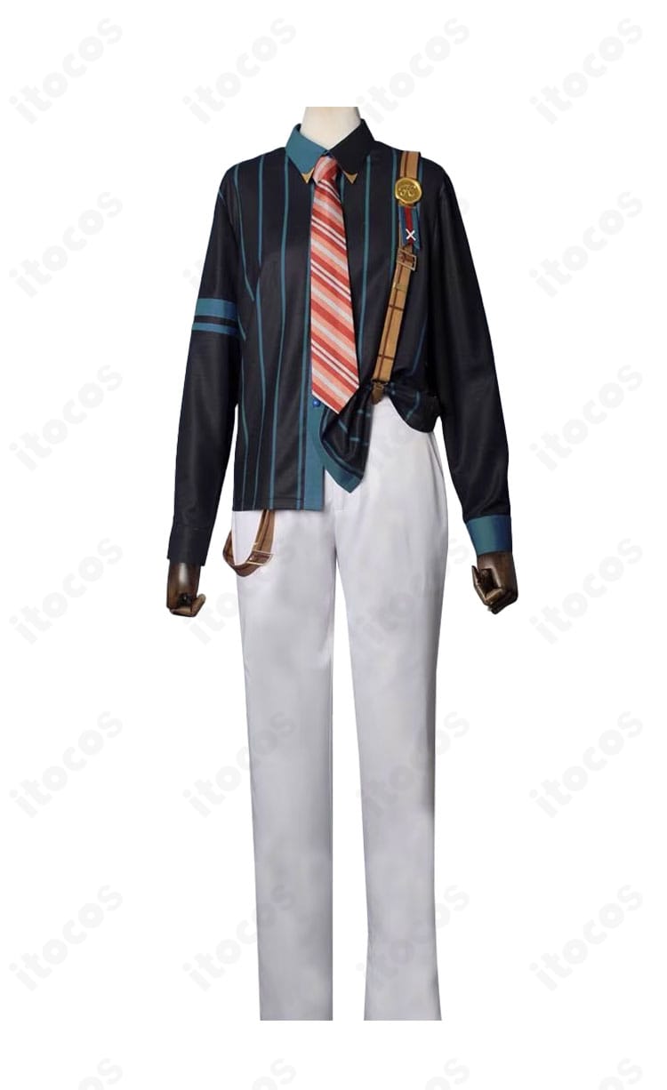 敬人塾Ver.学園制服コスプレ衣装の正面全体像。シャツ・パンツ・ネクタイ・サスペンダー・バッジのセット内容がひと目で分かる構図。