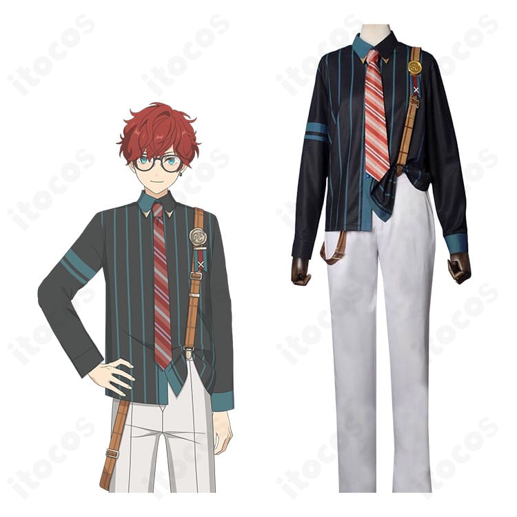 天城一彩・伏見弓弦・白鳥藍良・影片みか・蓮巳敬人の敬人塾Ver.学園制服コスプレ衣装集合。刺繍ラインとサスペンダー、バッジまで高再現のイメージ。