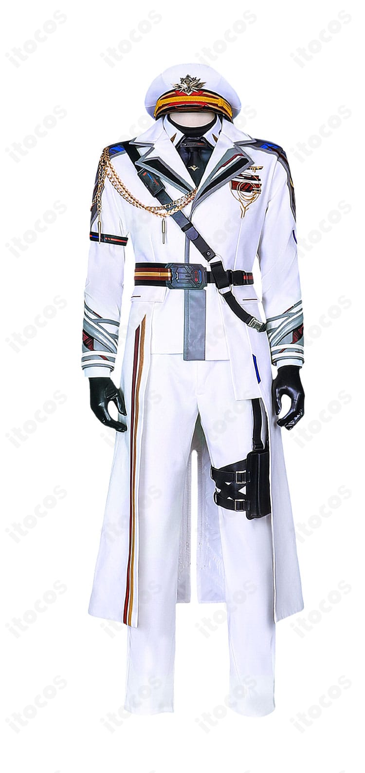 恋と深空 マヒル 白軍服コスプレ衣装の正面フルセット全体像。肩章とラペルのラインがわかるシルエット確認用。