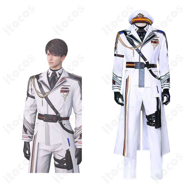 恋と深空 マヒル 白軍服コスプレ衣装と原作ビジュアルの比較画像。刺繍や徽章の配置まで再現度を確認できる。