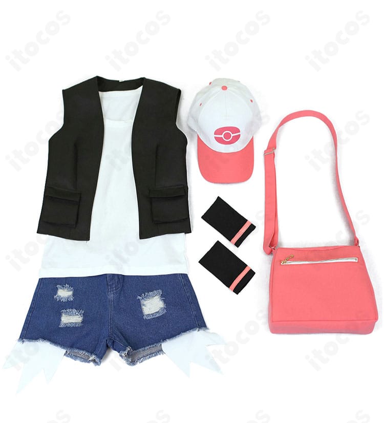 トウコ衣装のセット内容全体写真。ベスト、トップス、ショートパンツ、帽子、リストバンド、ショルダーバッグの6点。