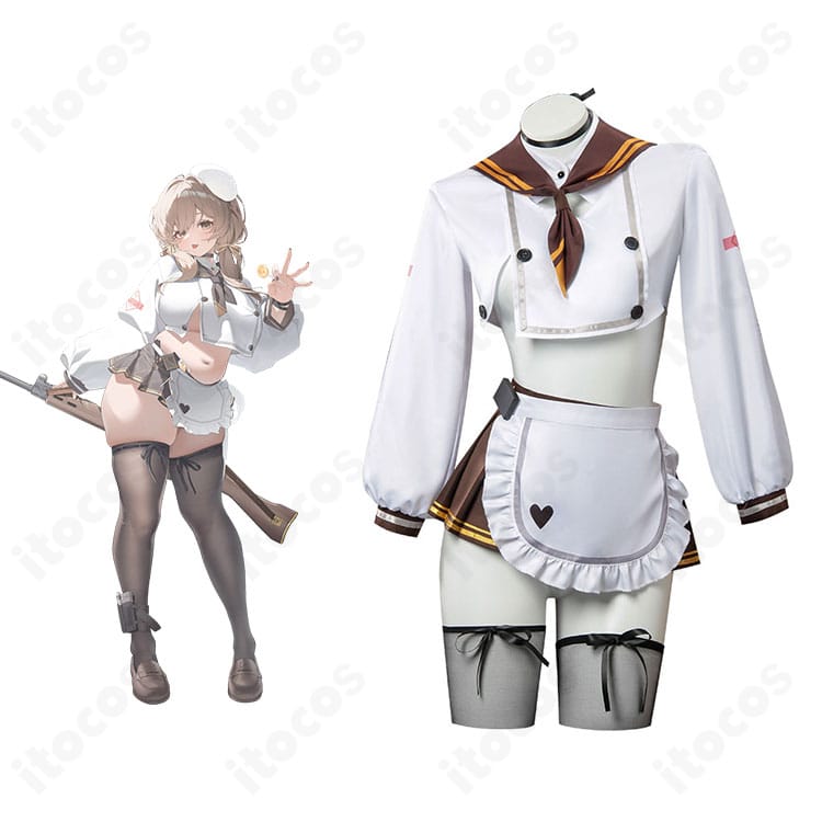 ブレッディの全身イメージと衣装セット。勝利の女神：NIKKEの世界観を再現したメイド風コスプレ衣装の完成コーデ例。