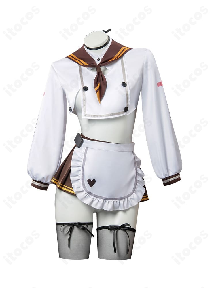 正面全体写真。ブレッディのコスプレ衣装のシルエットと配色、襟元からエプロンまでの正面ディテール。