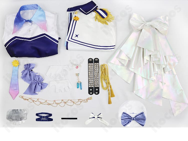 セット内容の一覧画像。ワンピース、マント、小物アクセサリーまで全アイテムを一画面で確認可能。