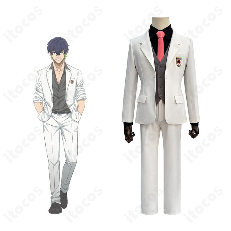 糸師冴とオリヴァ・愛空のEGOIST展スーツを着用したコラボ風ビジュアル。ブルーロックの雰囲気を高再現したコスプレ衣装。
